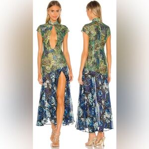 Kim Shui Butterfly Print Lace & Silk Chiffon Plunge Neck Dress